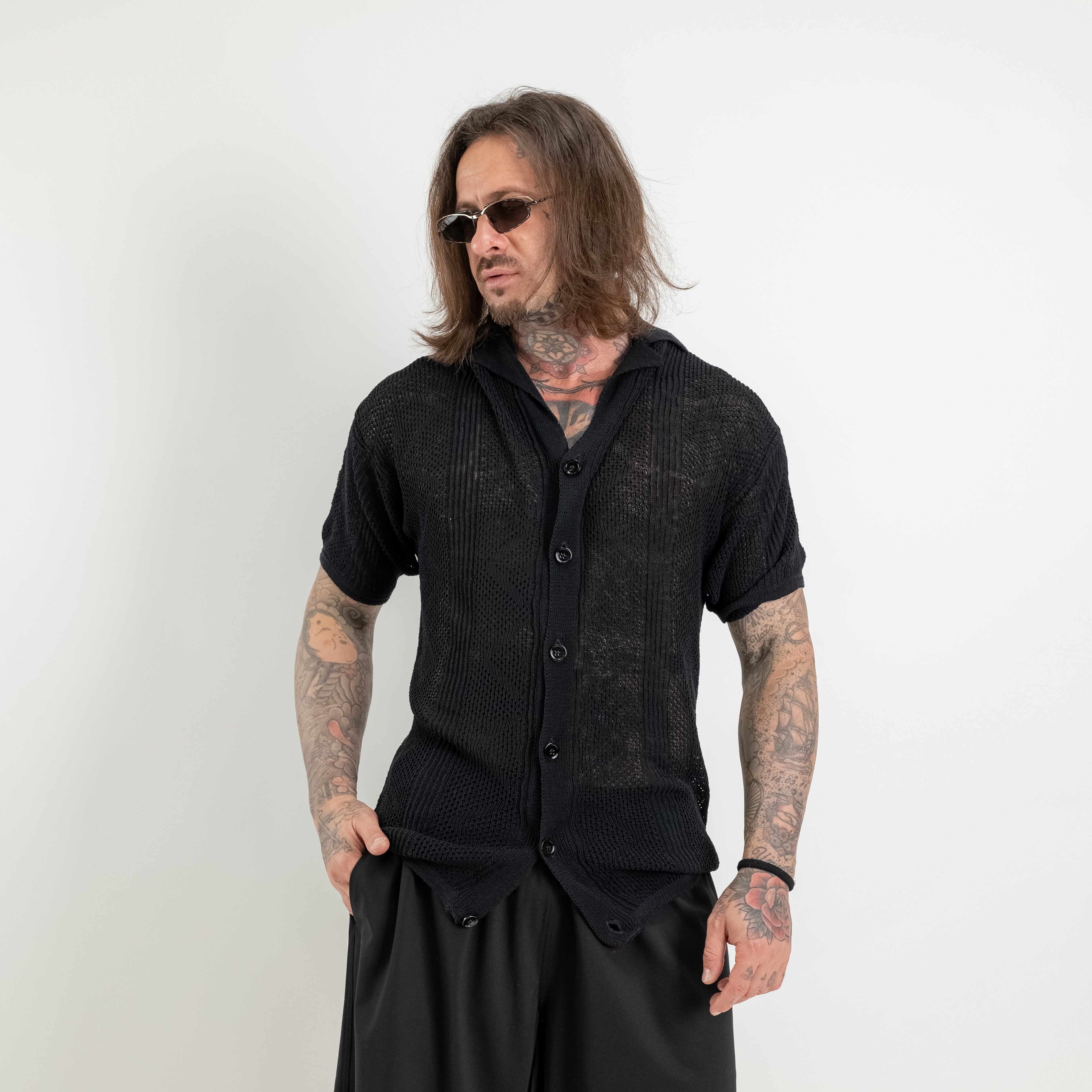 Maglia-Camicia traforata in misto lino