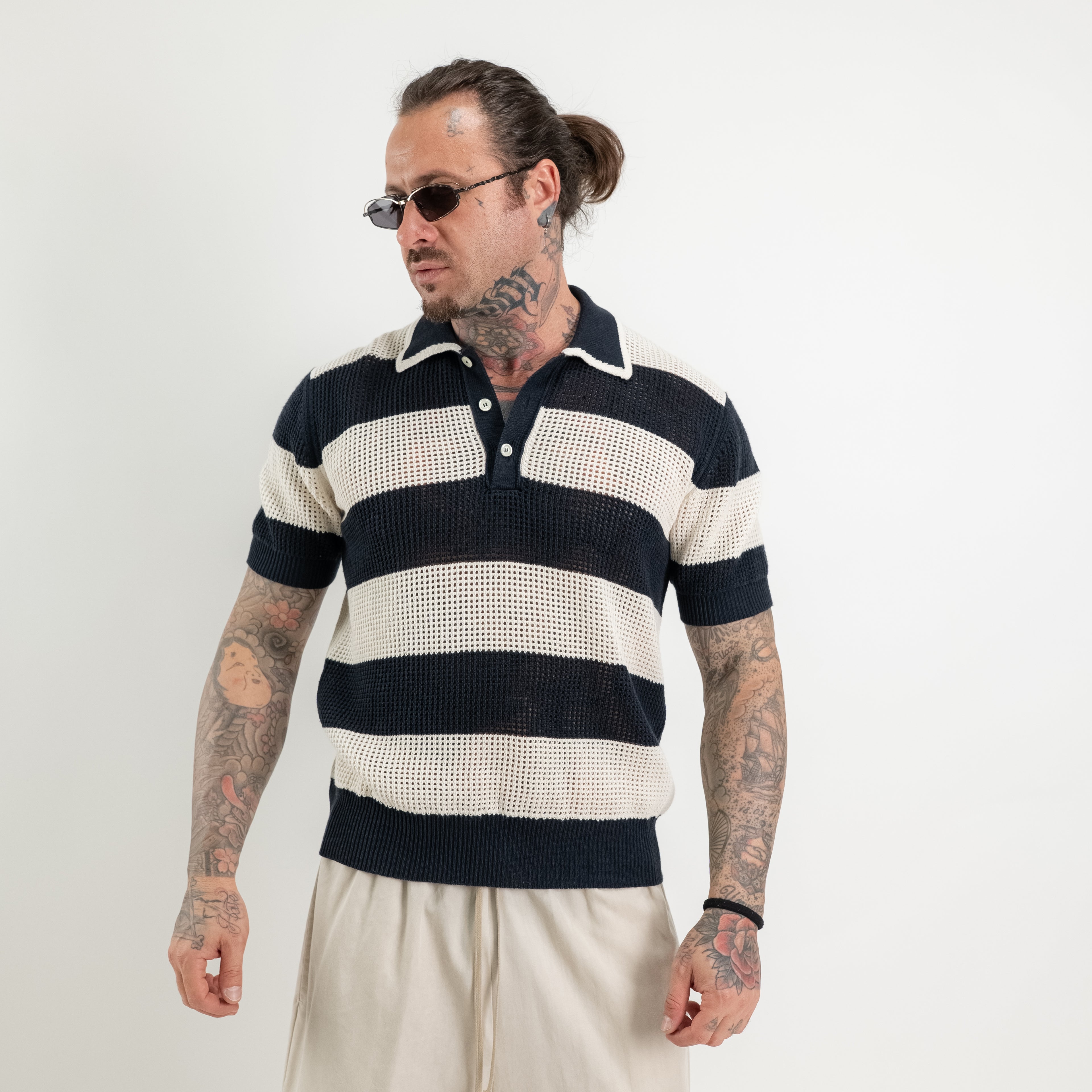 Striped cotton blend polo shirt