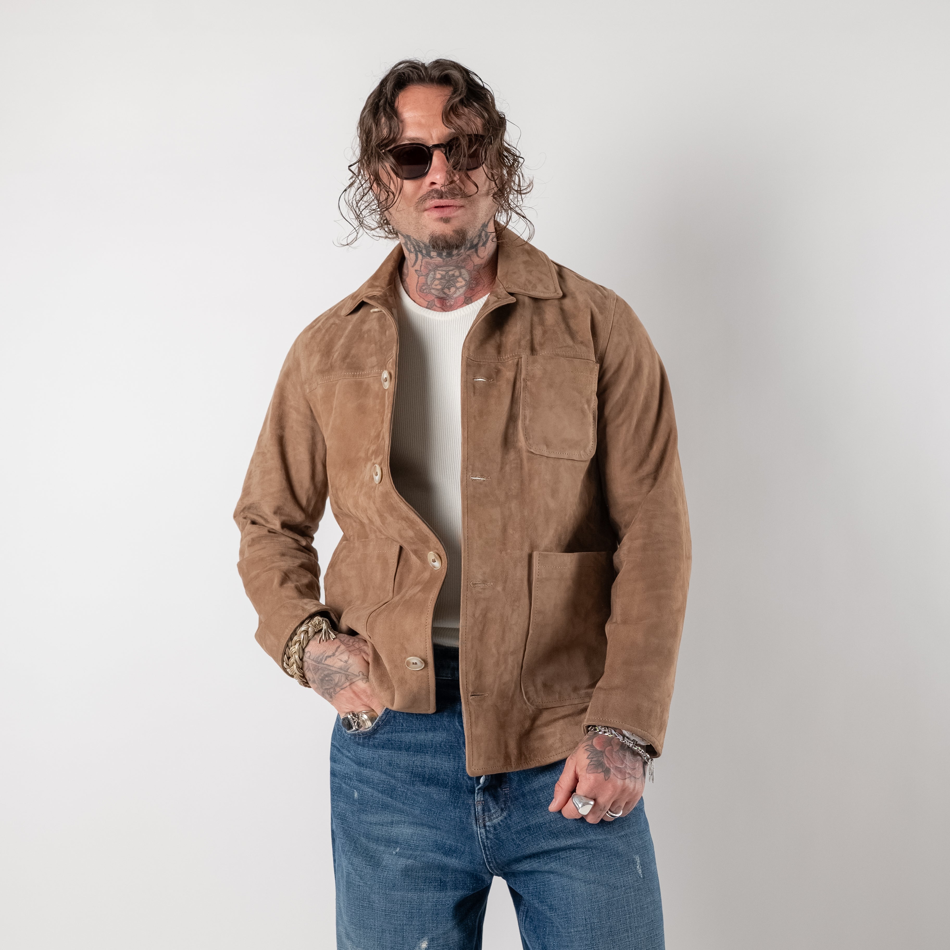 Giacca in pelle scamosciata con tasche applicate