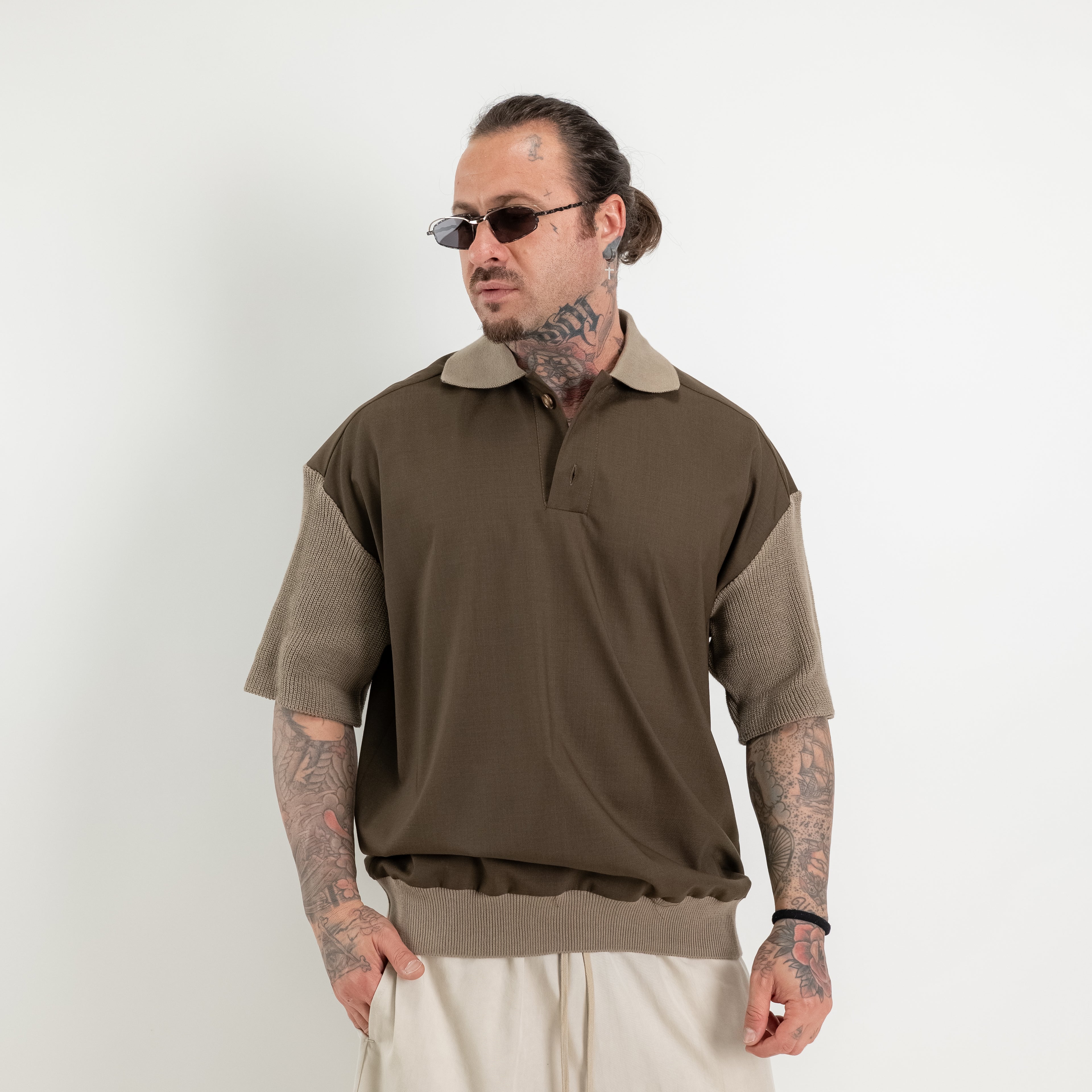 Polo oversize in fresco  lana con collo e maniche in maglia di cotone
