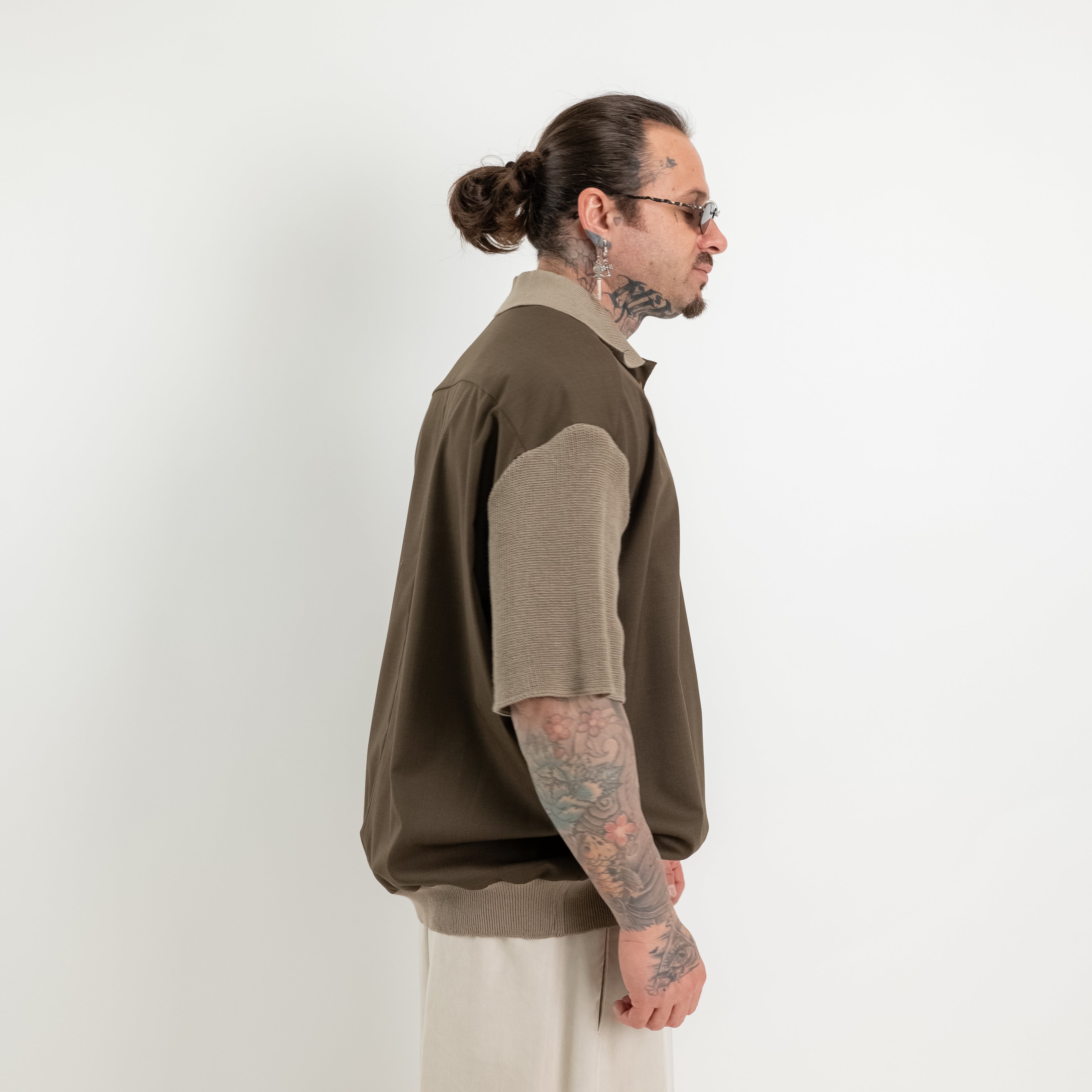 Polo oversize in fresco  lana con collo e maniche in maglia di cotone
