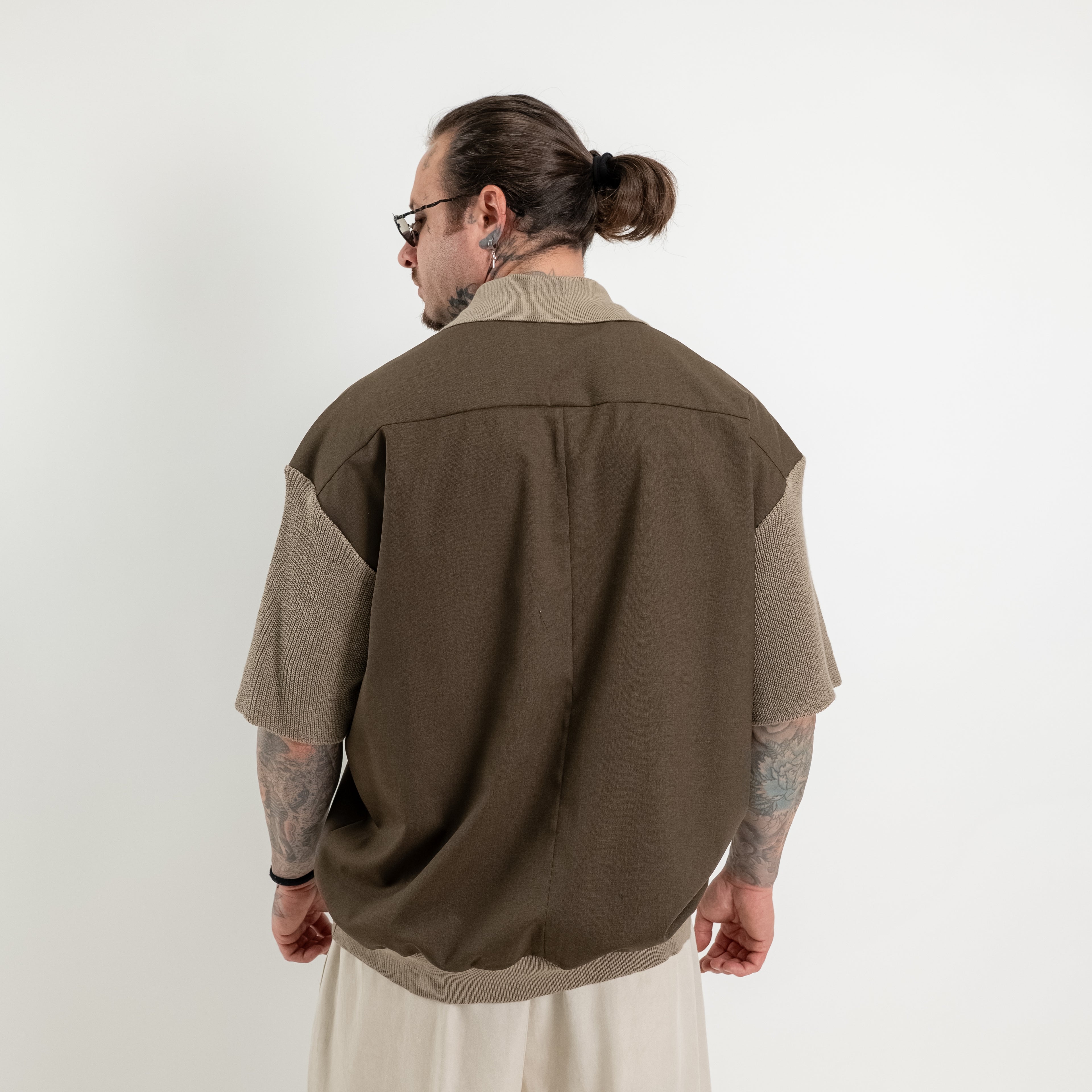 Polo oversize in fresco  lana con collo e maniche in maglia di cotone