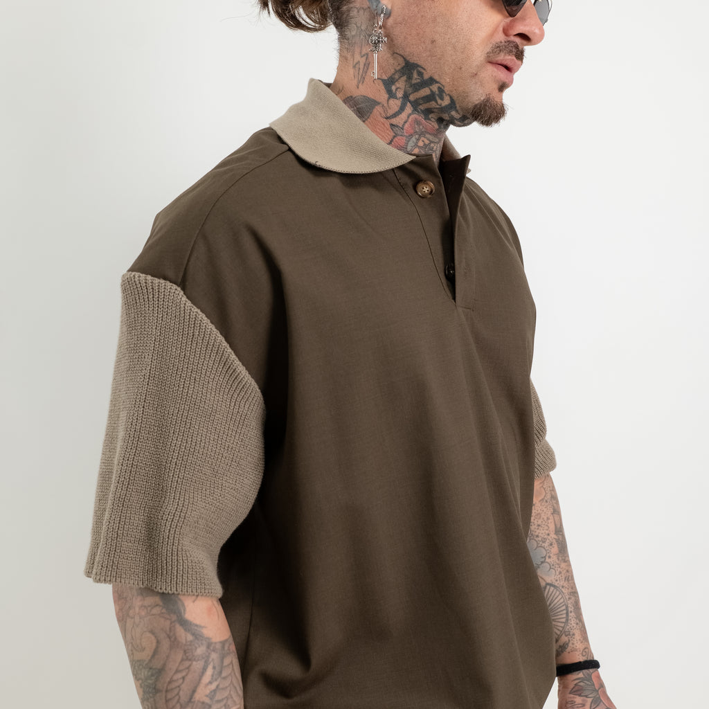 Polo oversize in fresco  lana con collo e maniche in maglia di cotone