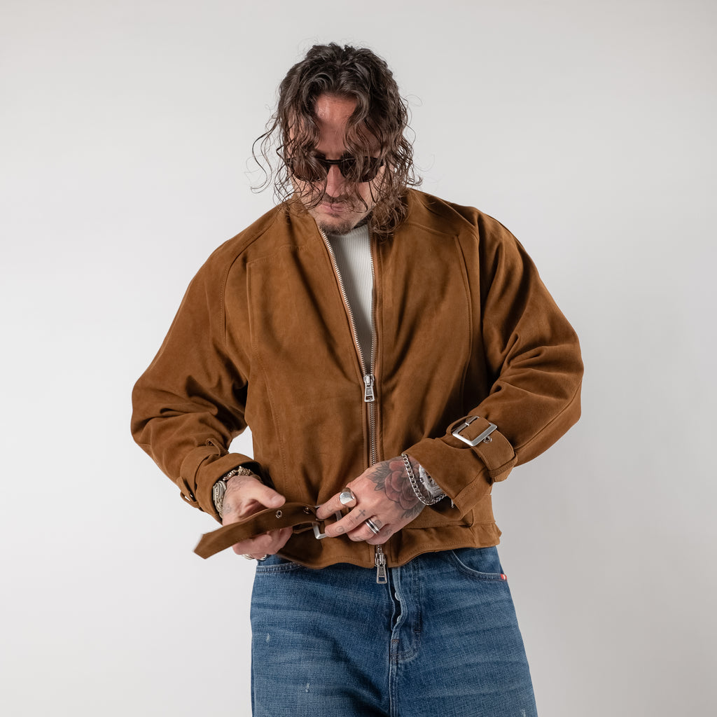 Cropped suede jacket with buckles