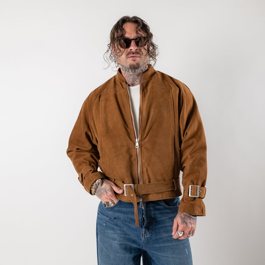 Cropped suede jacket with buckles