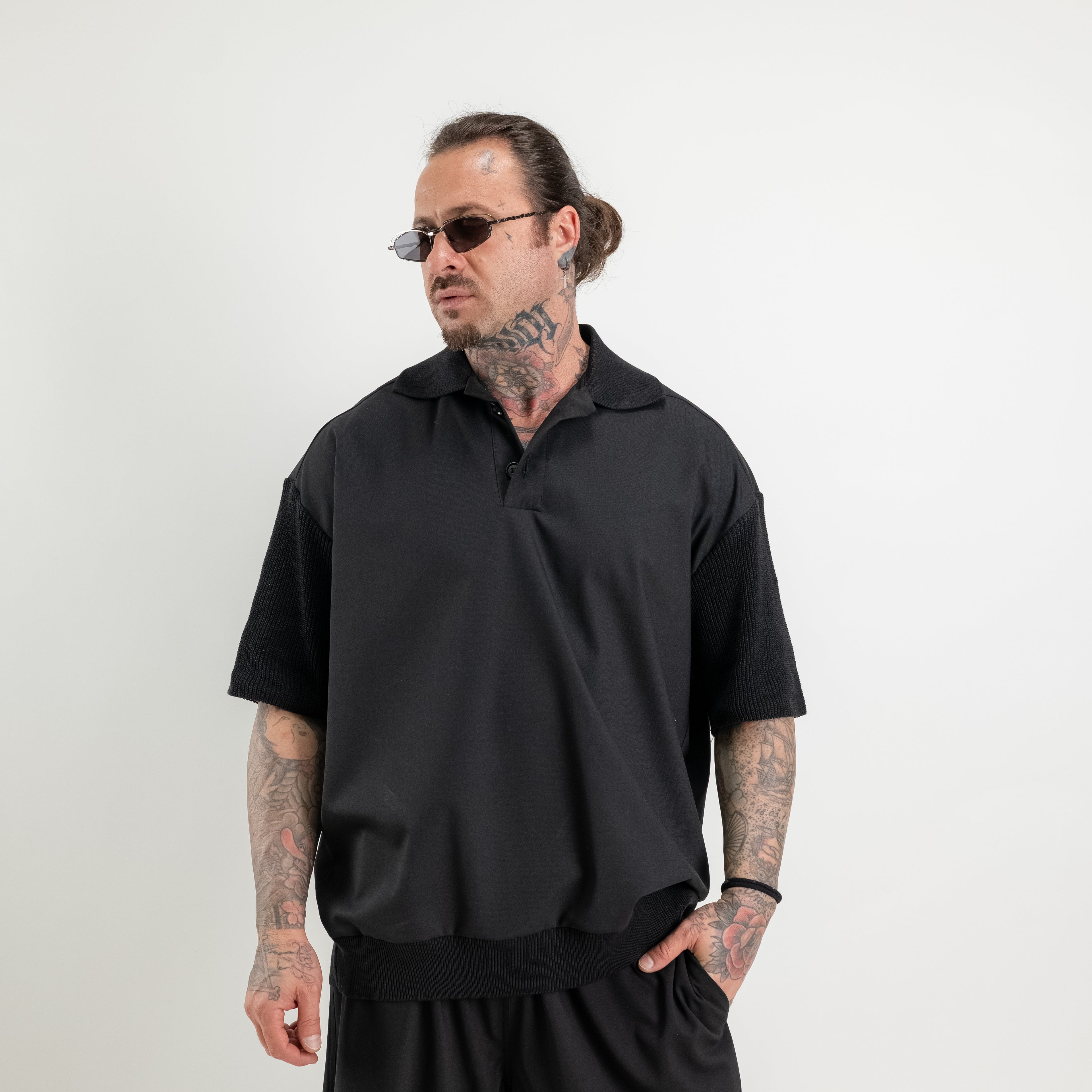 Polo oversize fresco lana con collo e maniche in maglia di cotone