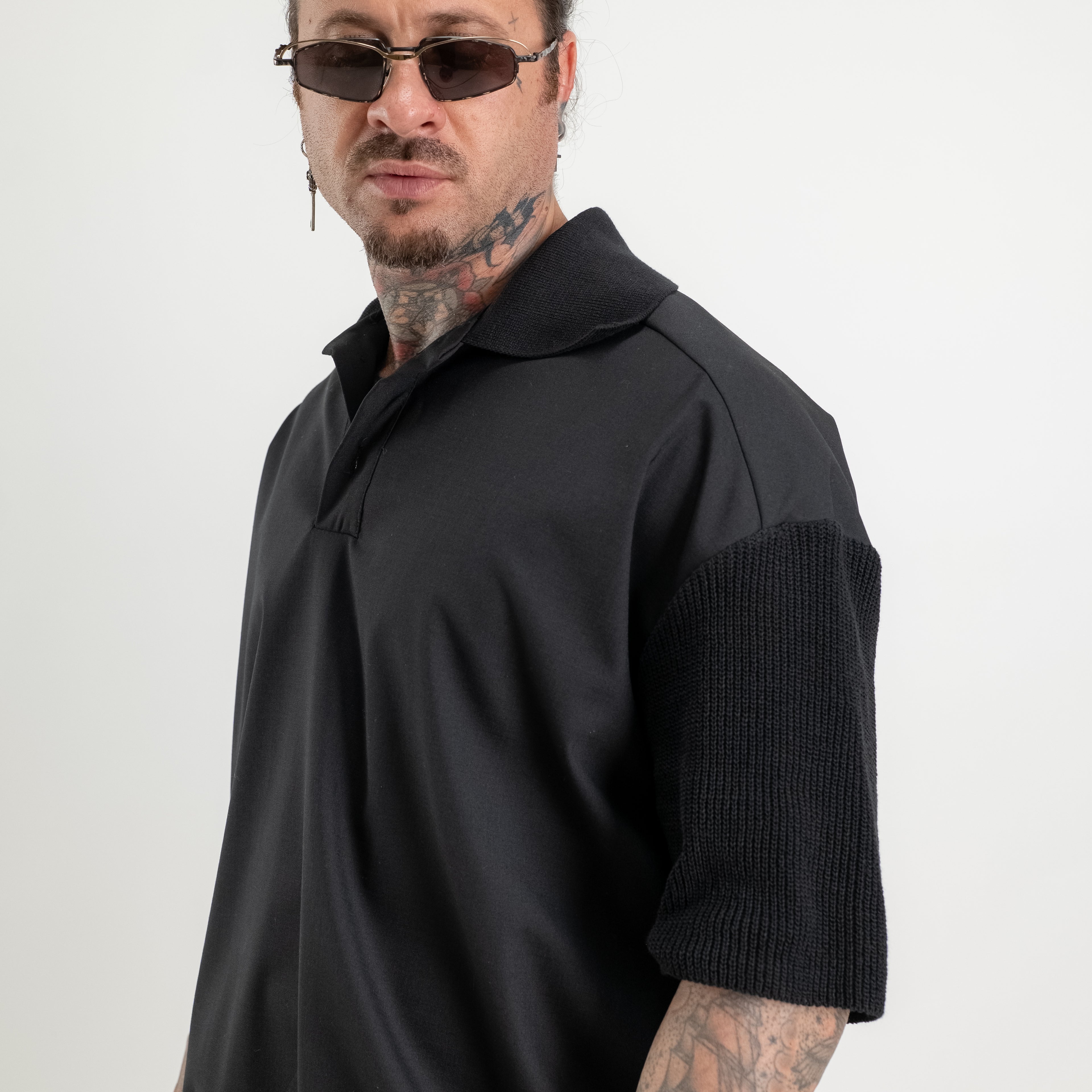 Polo oversize fresco lana con collo e maniche in maglia di cotone