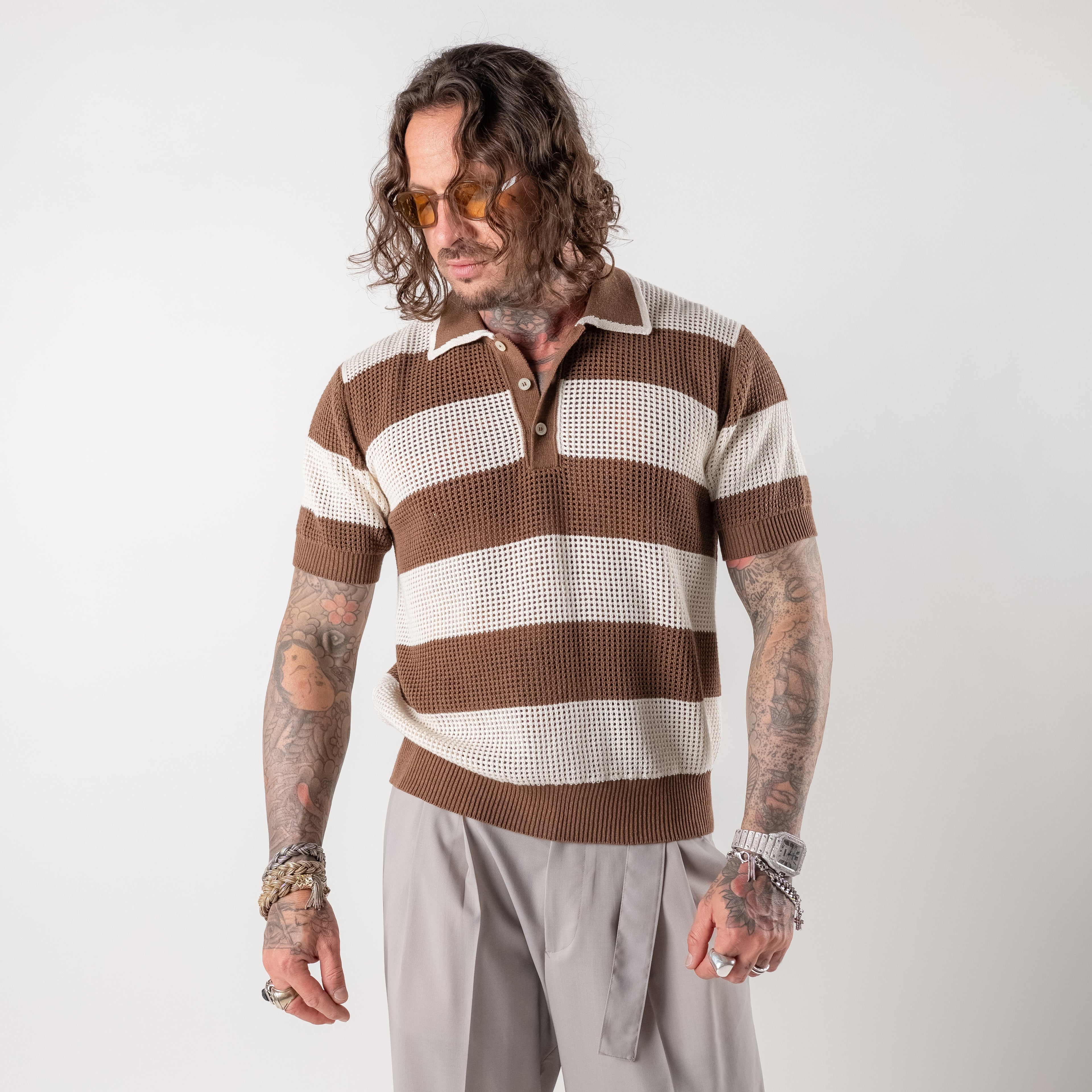 Striped cotton blend polo shirt