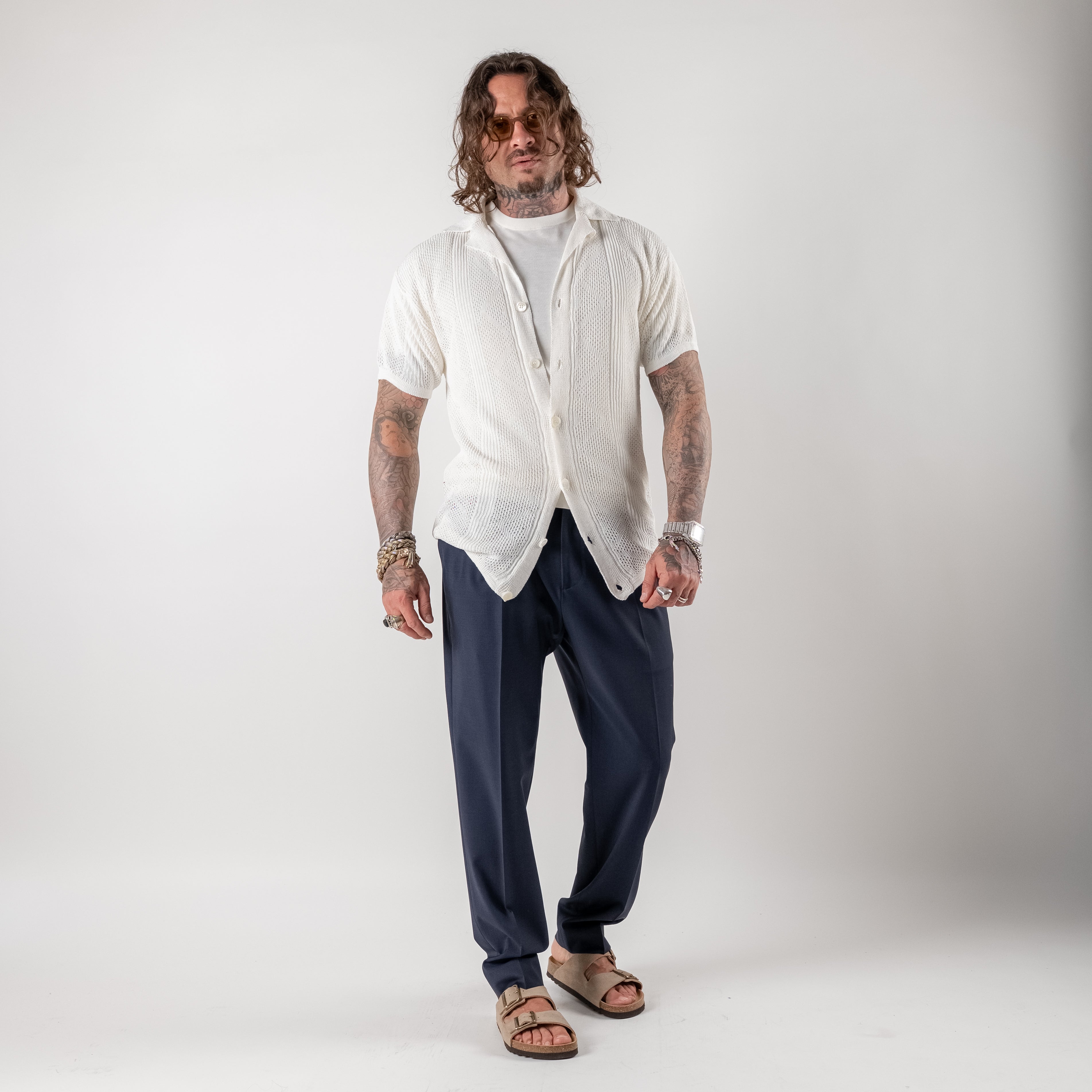 Linen blend perforated shirt-blouse