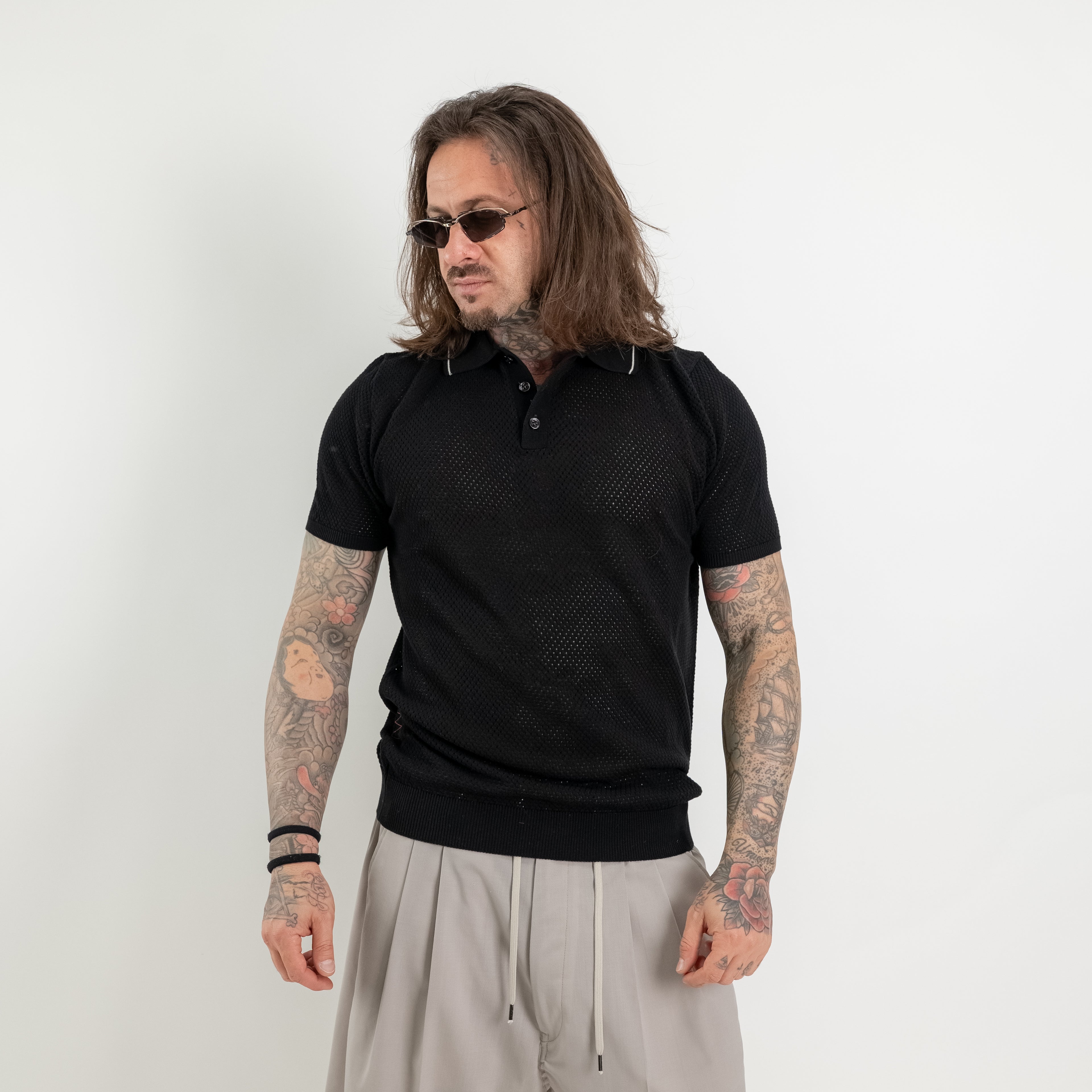 Structured perforated cotton polo shirt