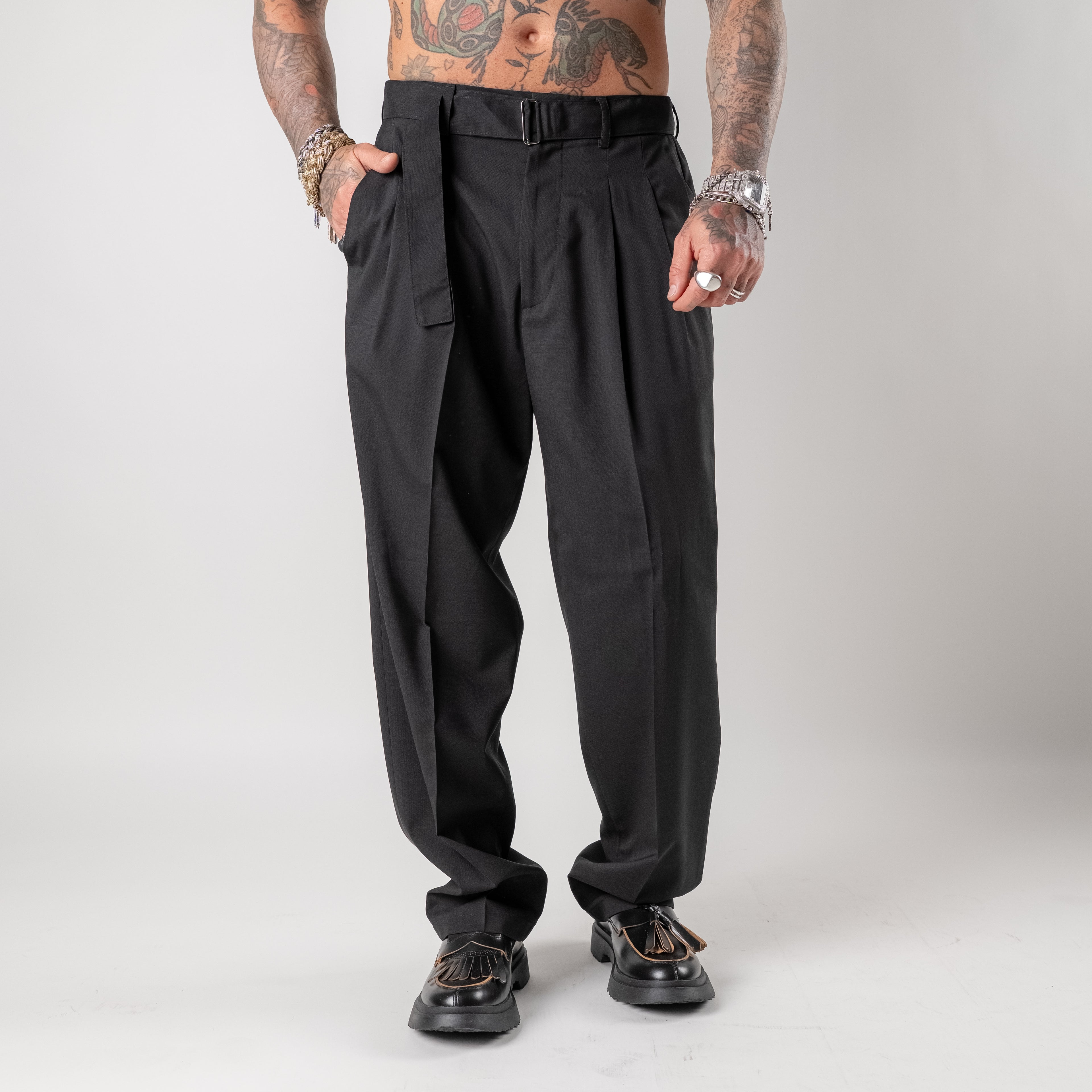 Wool blend wide leg trousers with belt