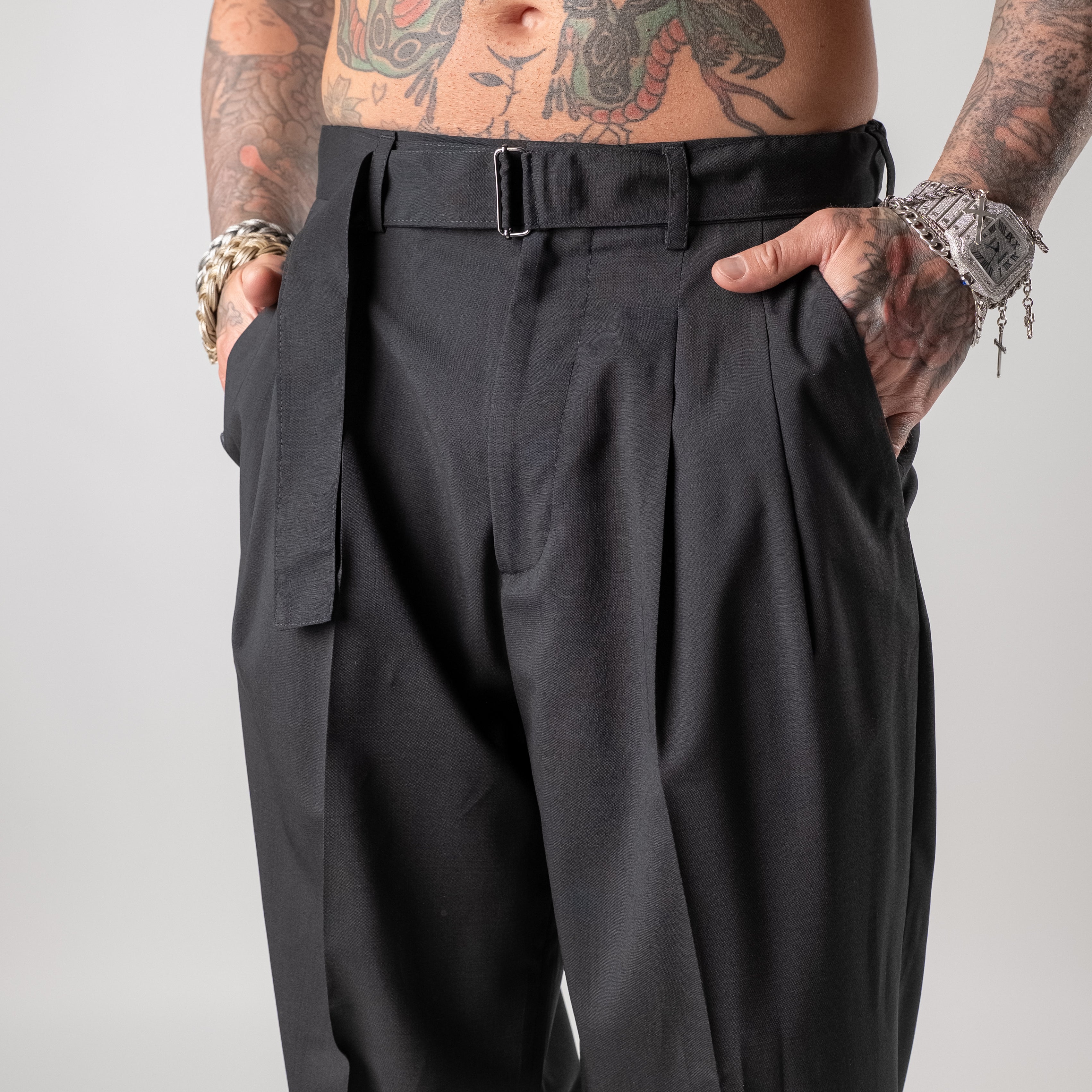 Wool blend wide leg trousers with belt