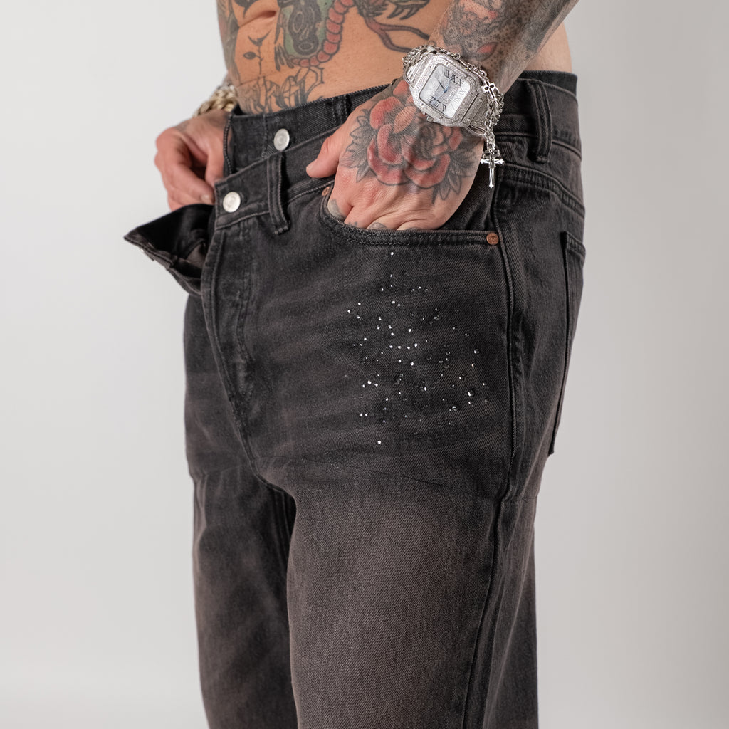 Asymmetrical layered wide-leg jeans