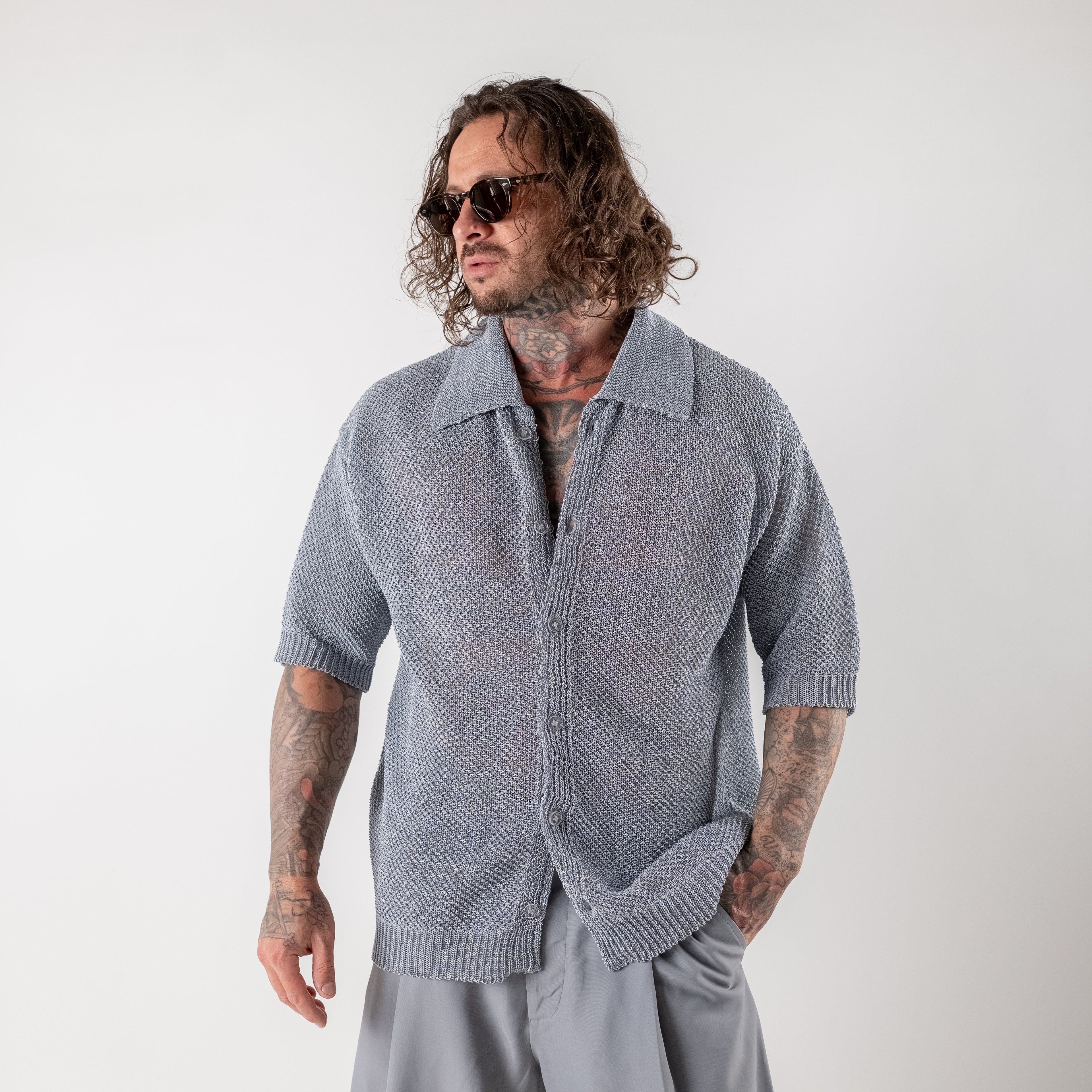 Micro-mesh cardigan shirt