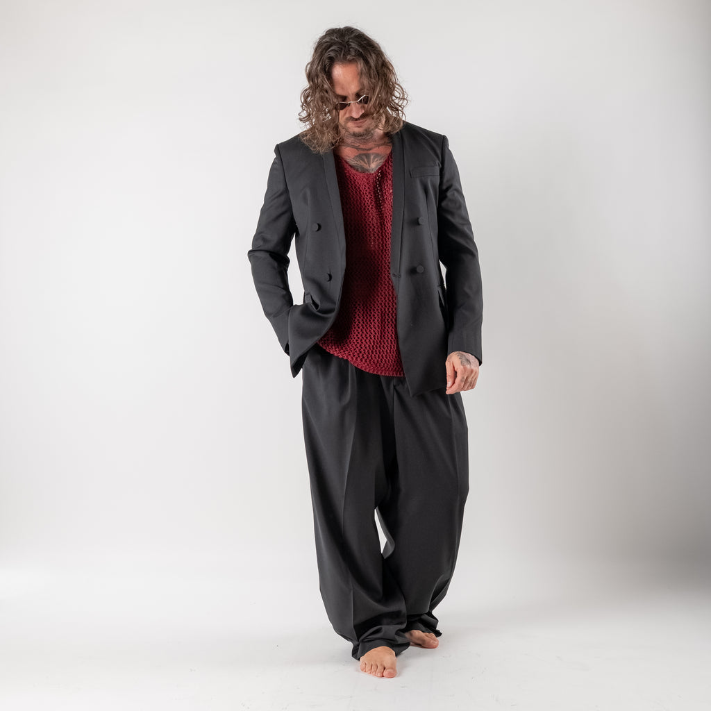 Collarless Double-Breasted Jacket