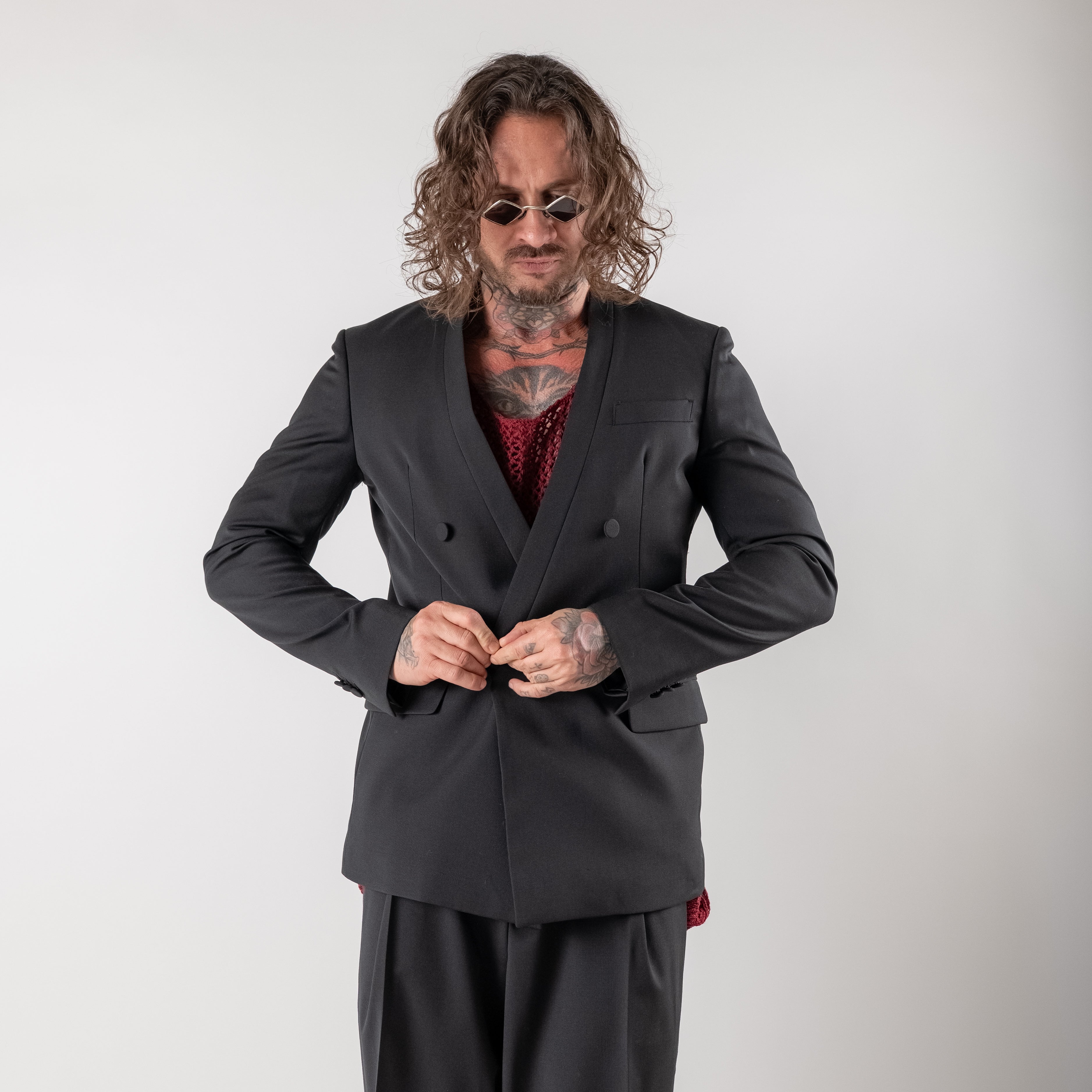 Collarless Double-Breasted Jacket