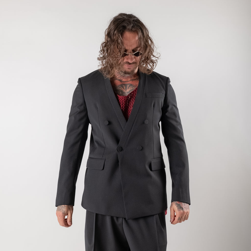Collarless Double-Breasted Jacket