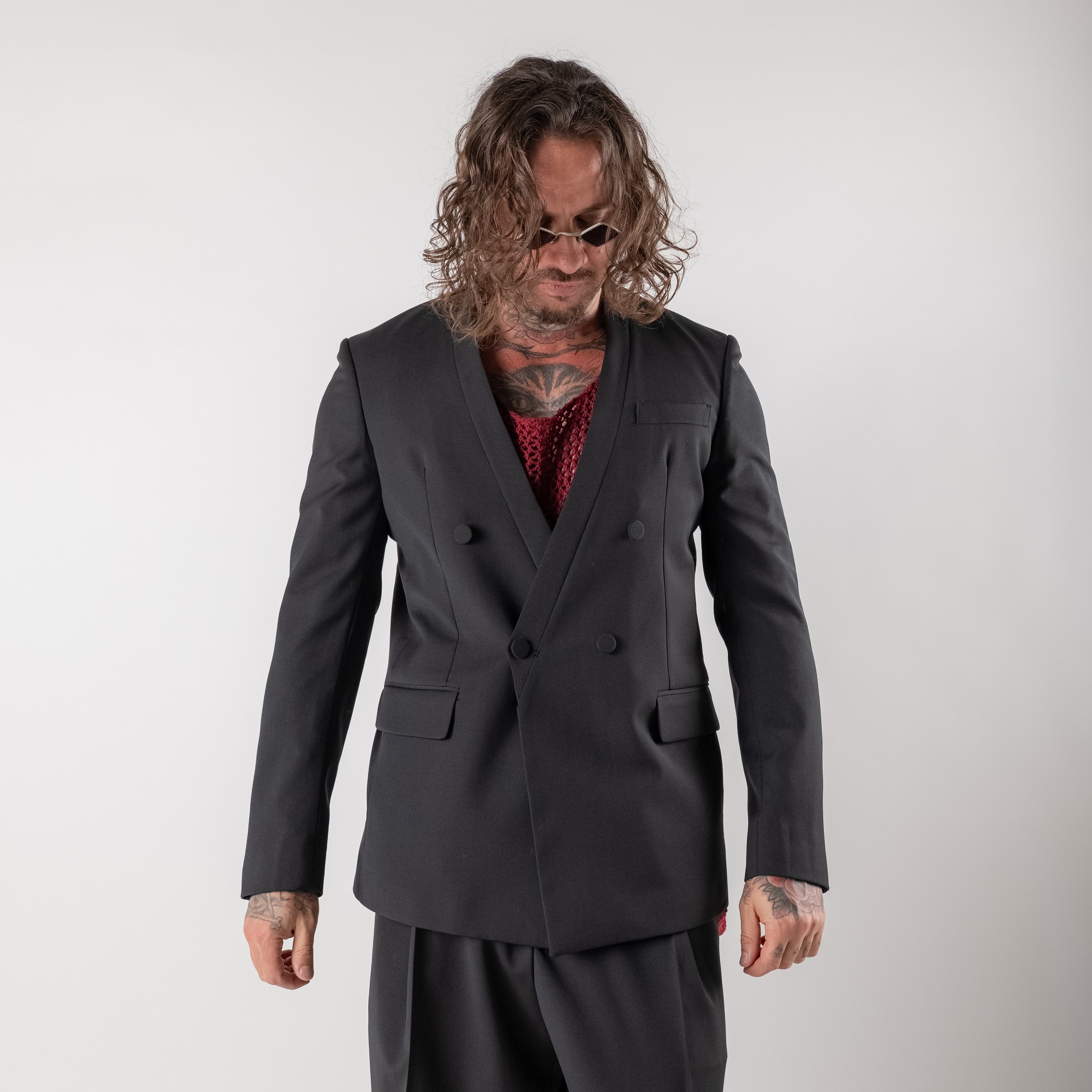 Collarless Double-Breasted Jacket