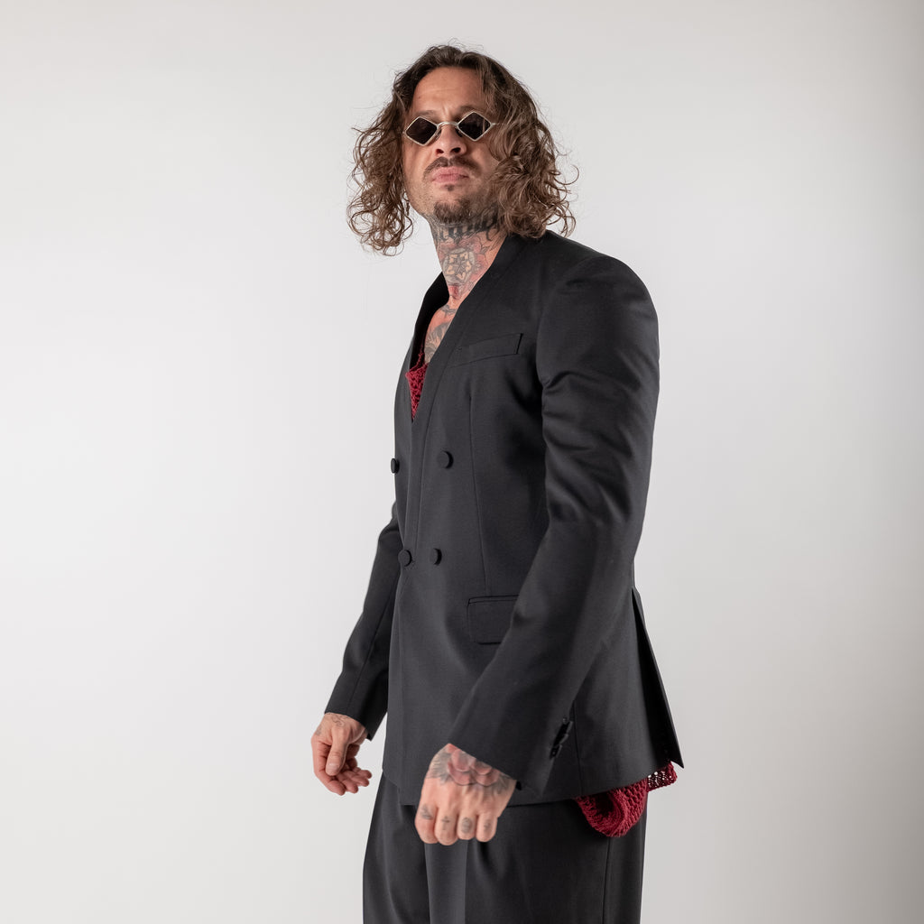 Collarless Double-Breasted Jacket