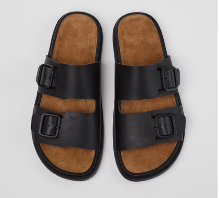 Flat leather sandals with buckles - Black