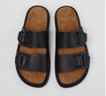 Flat leather sandals with buckles - Black